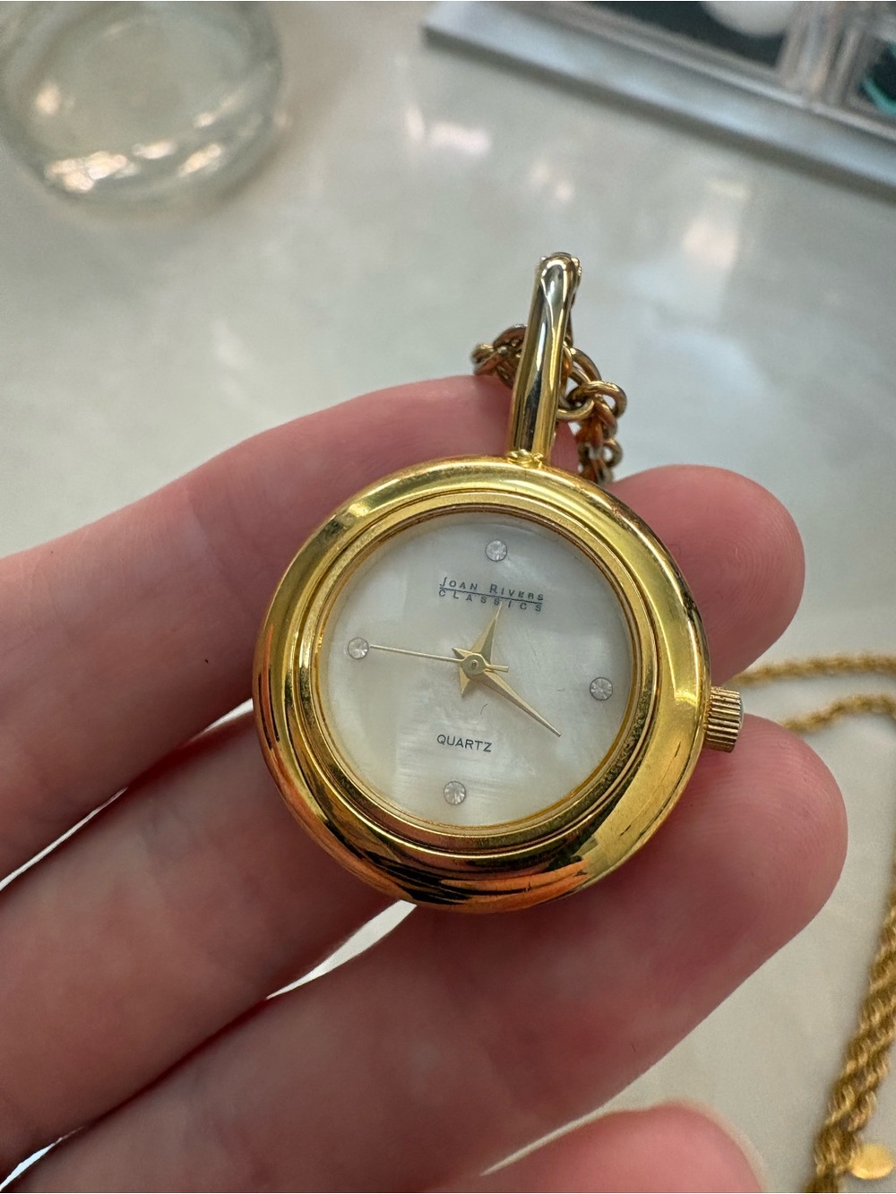 Joan Rivers Gold Tone Pendant Necklace Watch with Mother-of-Pearl Dial